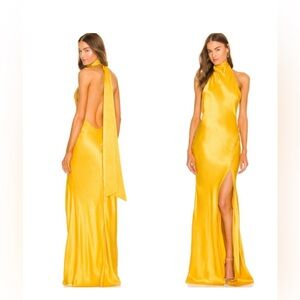 SAU LEE NEW Penelope Open Back Satin Formal Maxi Gown in Gold Yellow Size 2